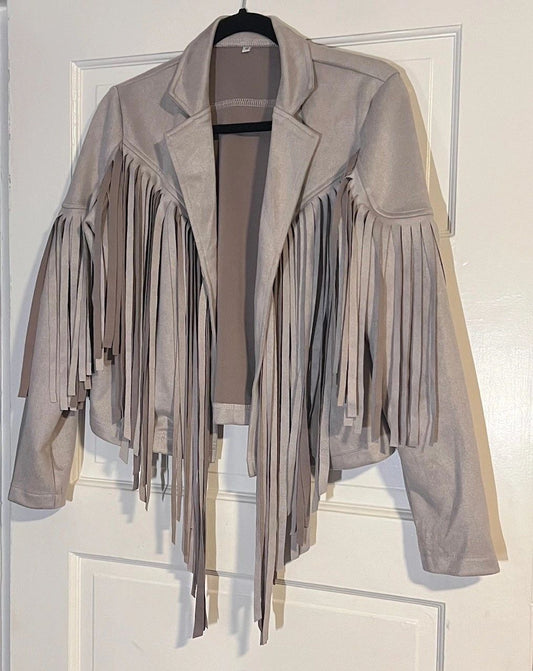Faux Suede Fringe Cropped Jacket with Collar in Grey and Black Medium