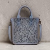 Jeanie Blue Floral Tooled Genuine Leather Tote & Crossbody Bag