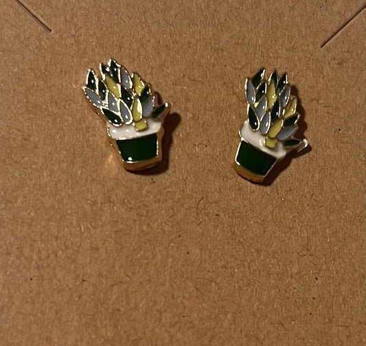 Green Potted Cactus Earring - with Gold Painted Highlights
