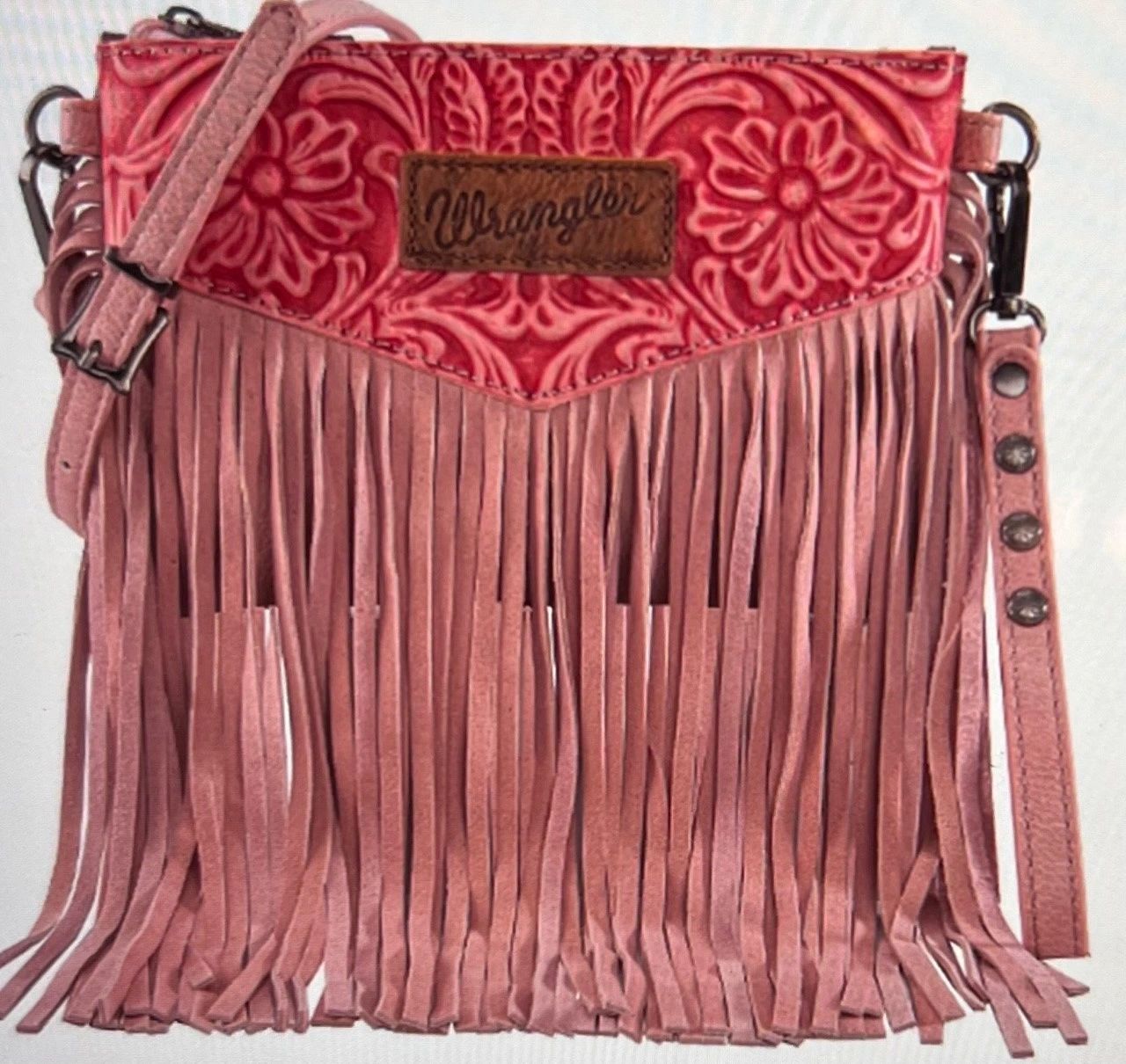 Wrangler Vintage Floral Tooled Leather Fringe Wristlet / Clutch : Crossbody Adjustable - 11 different colors (Use 3 Ways)