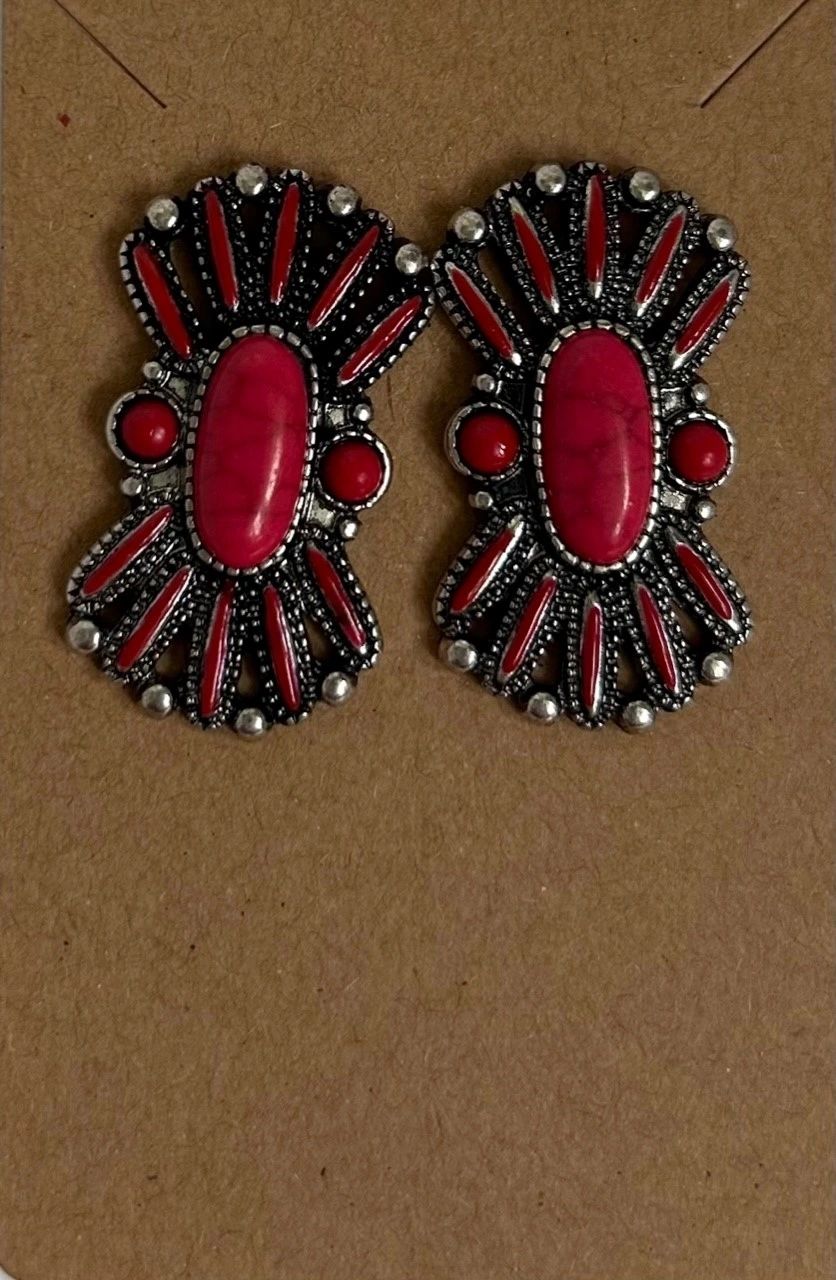 WESTERN BEADED POST EARRING, RED, SILVER AND BLACK