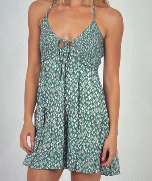 The Sonya Cactus Mini halter Sundress with Stretch Bodice & Keyhold Feature