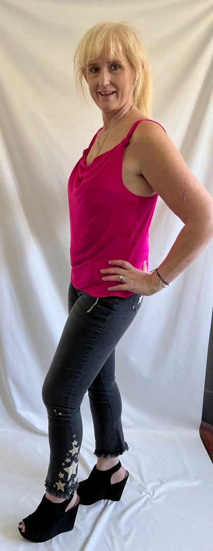 Hot Pink Luxurious Cowl Neck Knotted Tank