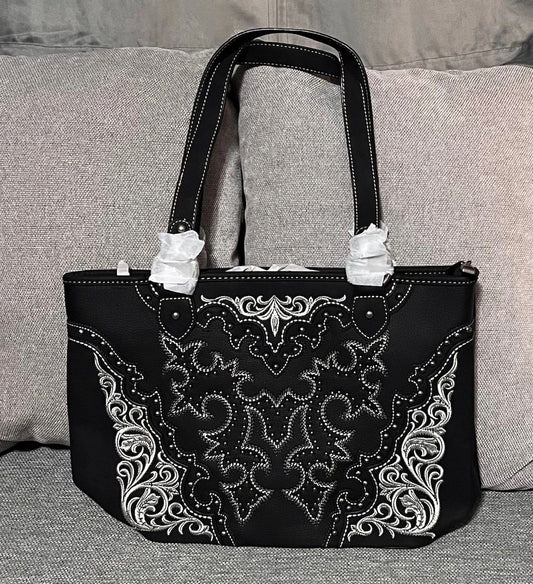 Montana West Boot Black Scroll Embroidered Collection Concealed Carry Tote