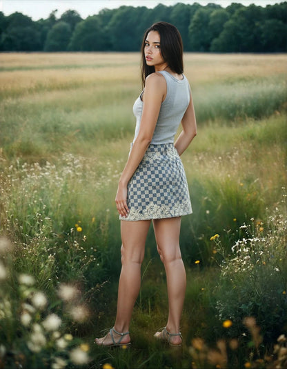 Checkered Hand Bleached Mini Skirt