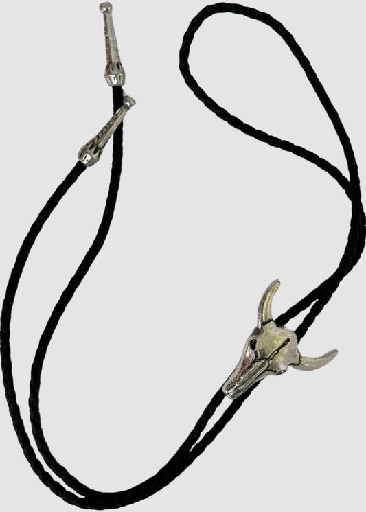 Bolo Tie with Steer Head and Black Braided Cord and Weighted Ends