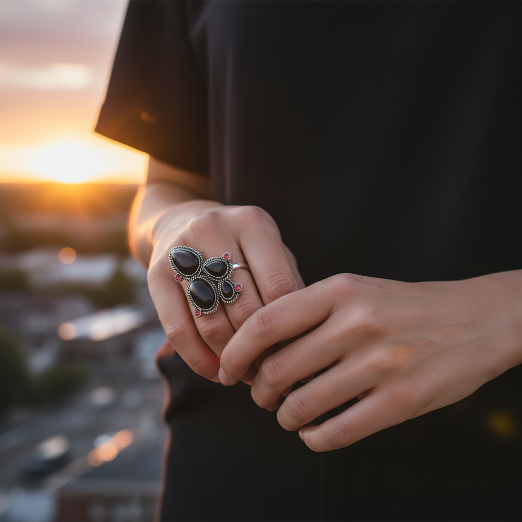 hand model wearing Desert Rocker adjustable antique brass ring with black and red stones