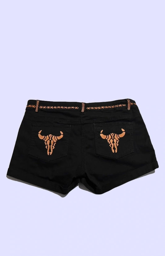 Steer Clear Black with Hand-Bleached Orange Longhorn Design - H&M low rise Jean Short ~ Size 8