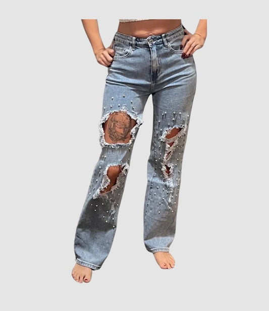 Dakota Rhinestone and Pearl Distressed Loose Fit Straight Leg Jean with Rips / Holes
