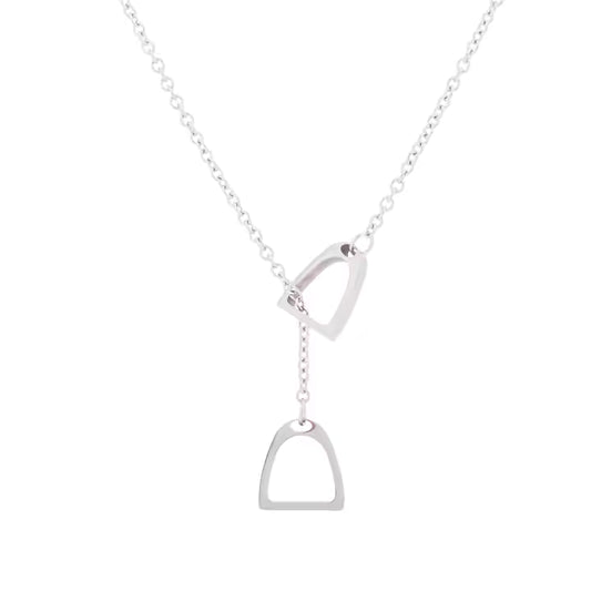 Equestrian Stirrups Link Chain Lariat Necklace in Silver and Gold – Stainless Steel, Waterproof, Coastal Chic Jewelry-SILVER