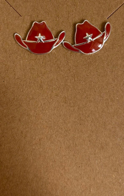 RED COWGIRL HAT WITH STARS POST EARRINGS