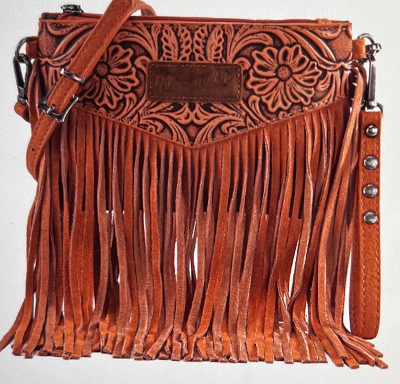 Wrangler Vintage Floral Tooled Leather Fringe Wristlet / Clutch : Crossbody Adjustable - 11 different colors (Use 3 Ways)