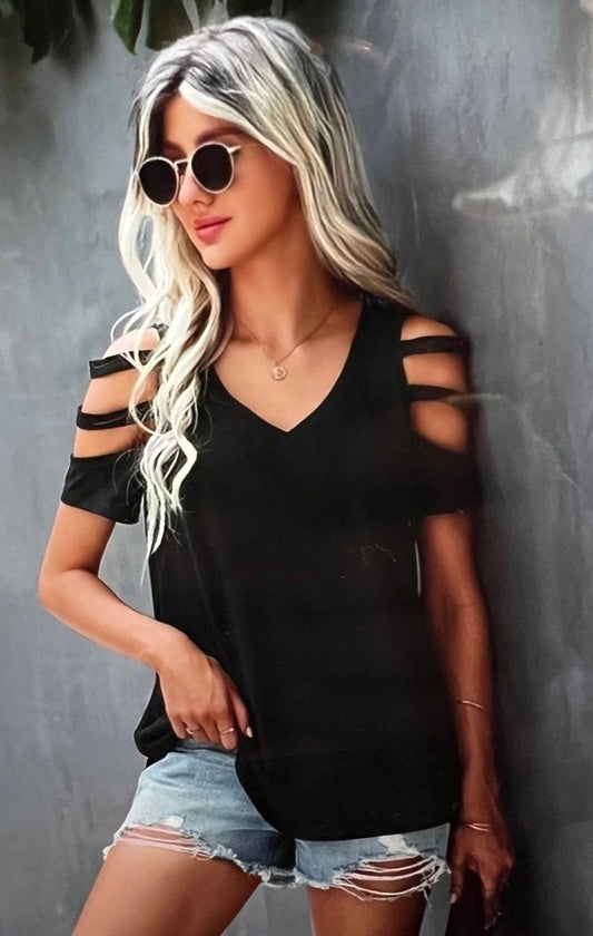 Short Sleeved Cold Shoulder with Cutouts ~ Black Top