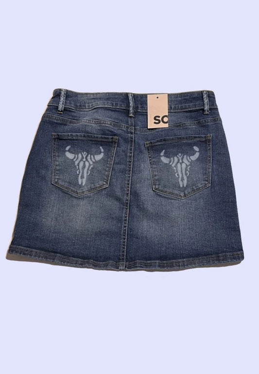 Steer Clear Denim Mini Skirt ~ Hand Bleached