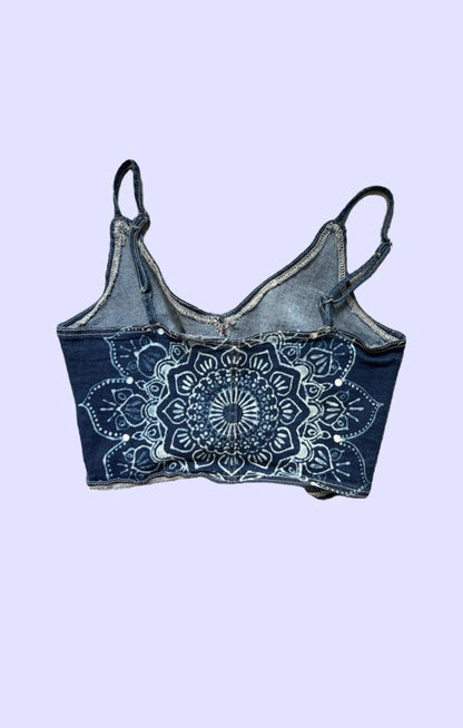 Denim Bustier Tank Top with Hand-Bleached/Dyed Mandala Pattern - Large
