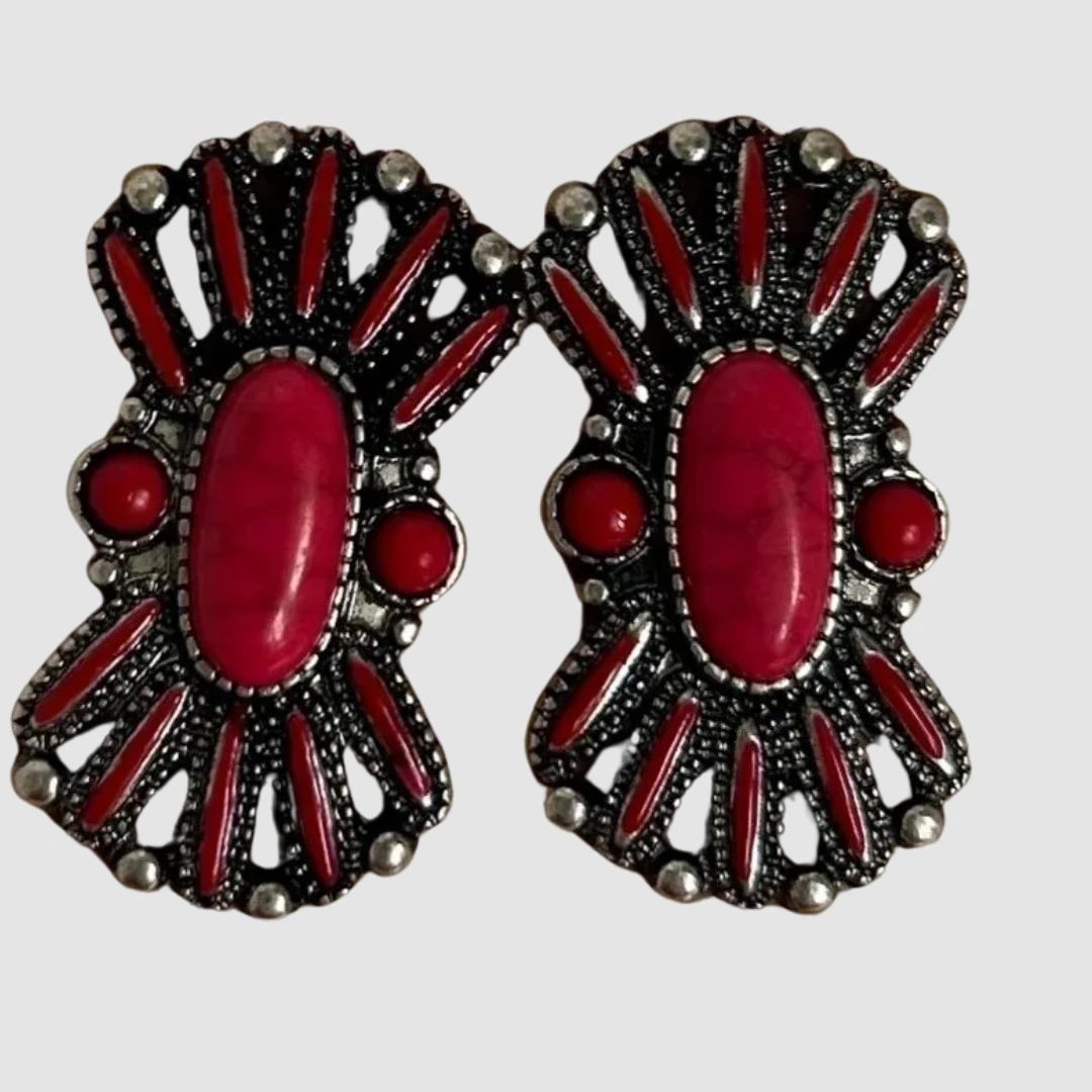 WESTERN BEADED POST EARRING, RED, SILVER AND BLACK