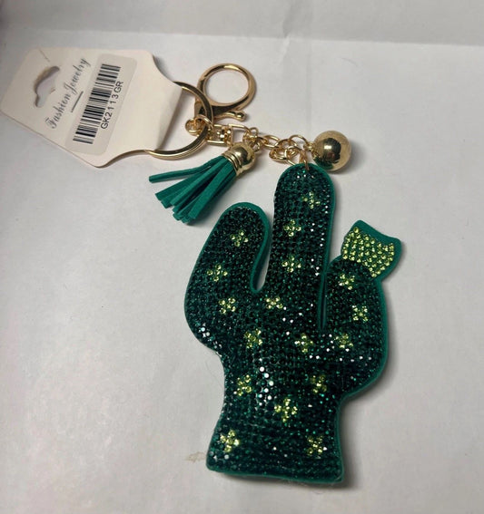 Cactus Keychain with Rhinestones in Green and Brown/Beige