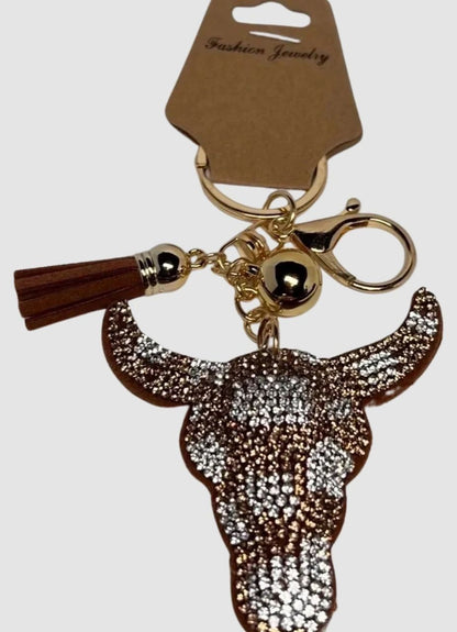 Rhinestone Brown and White Steer Head Keychain