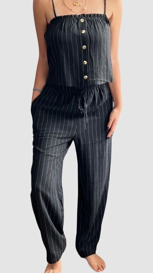 Striped Black Linen Elastic Waist Cropped Pant - Black with White Pinstripe