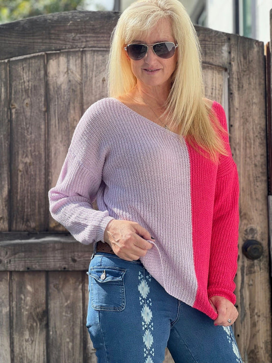 Pink and Lilac Color Block Sweater Slight V Neck