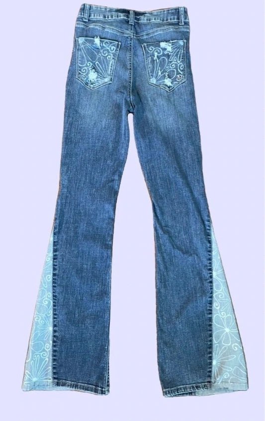 Floral 2-Tone Flare Jeans