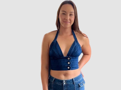 Cropped 3 Button Denim Halter Top by Denim Blvd.