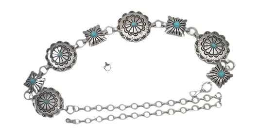 Turquoise & Silver Round & Square Concho Chain Belt - One Size