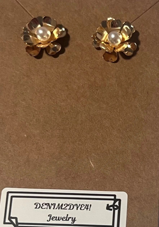 Gold Flower Post Earring with Faux Pearl - Medium