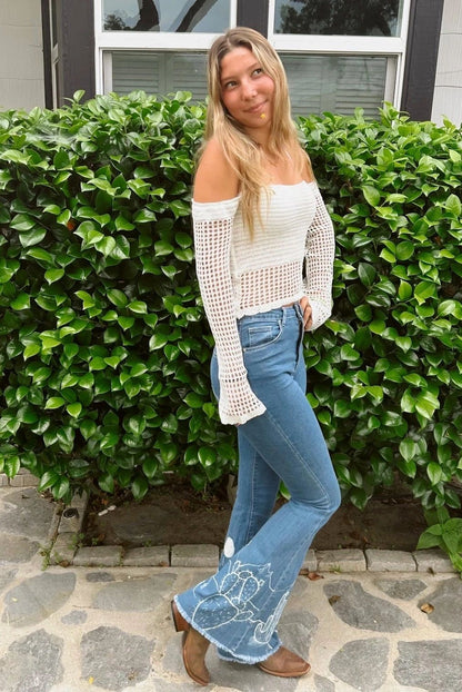 Off The Shoulder Light Knit Cropped Sweater ~ White