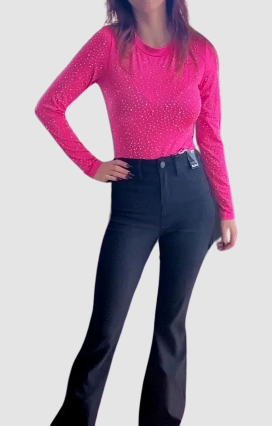 The Rosie Hot Pink Rhinestone Bodysuit, long sleeves, snap closure and scoop neck