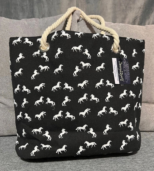 Horsing Around - Black Canvas Tote with White Horse Pattern Woven Knotted Handle Fully LIned Zip Closure