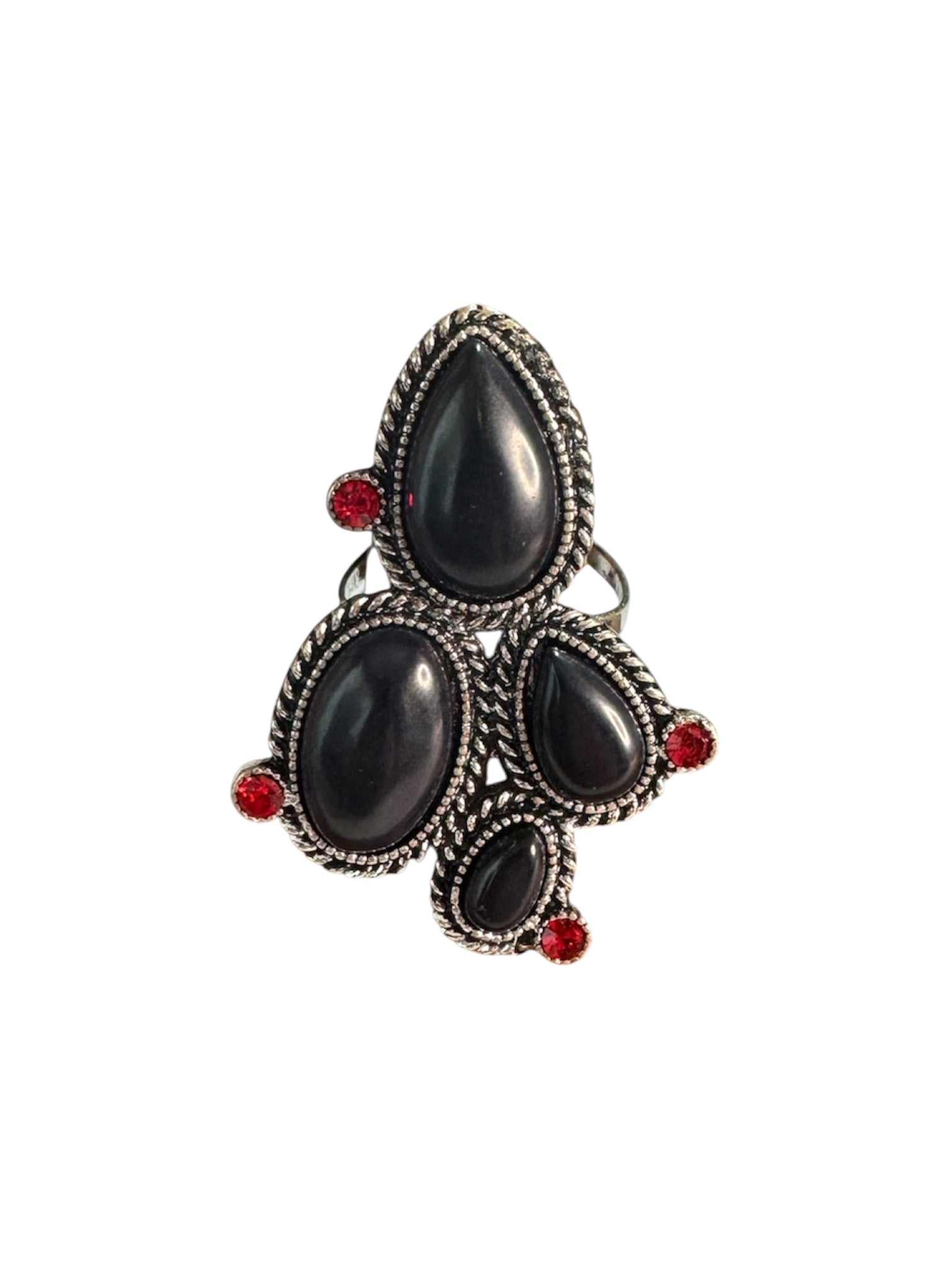 Desert Rocker adjustable antique brass ring with black and red stones