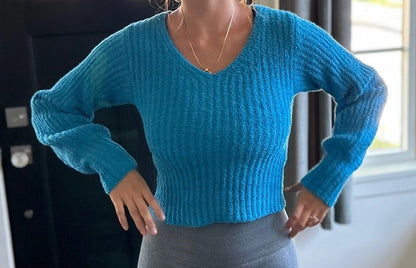 The Robin Sweater - Soft V Neck Long Puffed Sleeve Sweater