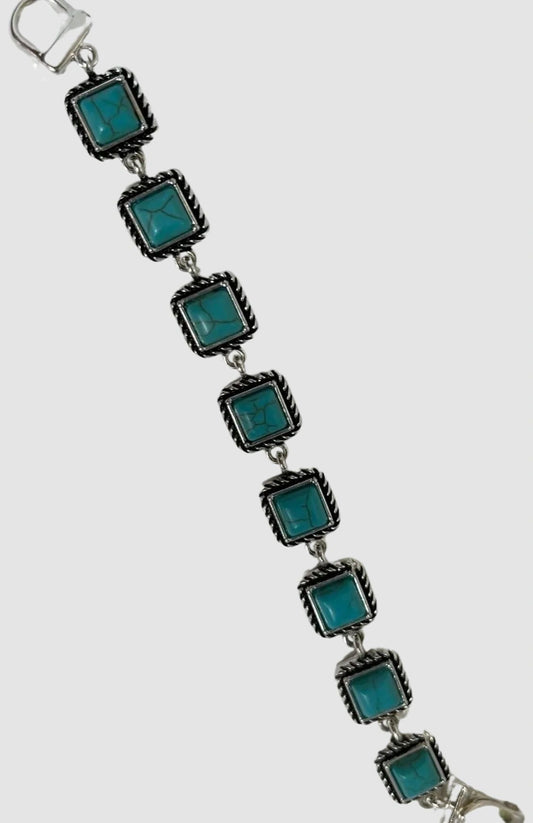 Silver Brass Turquoise Square Concho Bracelet