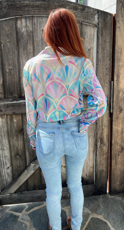 Spring Time Abstract Long Sleeve Button Up Pastel Shirt