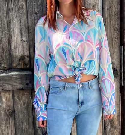 Spring Time Abstract Long Sleeve Button Up Pastel Shirt