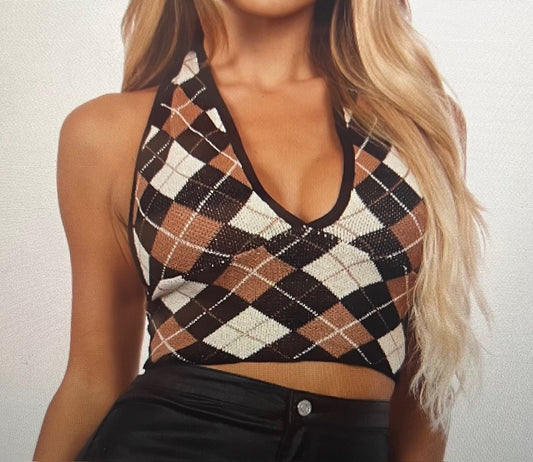Oxford Black, Camel and White Geometric Woven Soft Halter Top with a Tie Back