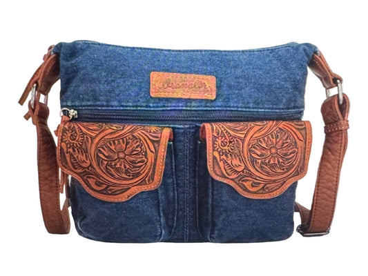 Wrangler Chaser Denim and Tooled Leather Purse and Crossbody with Magnetic pockets in Black, Light Blue and Dark Blue