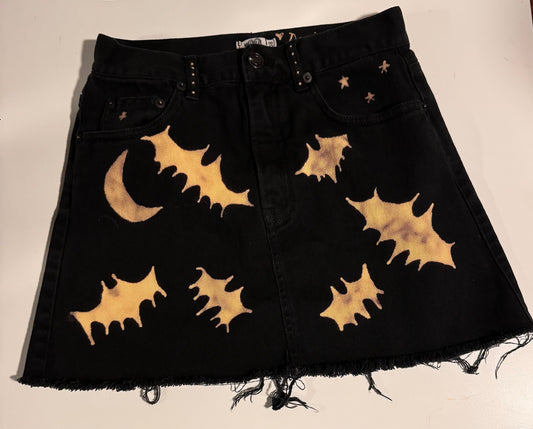 Bat and Moon Hand Bleached Mini Skirt- Repurposed Melville Raw Hem Size 38