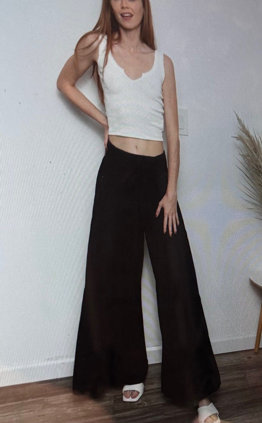 Comfort Tie Elastic Waist Tiered Wide Leg Pant – Black Boho Relaxed Fit