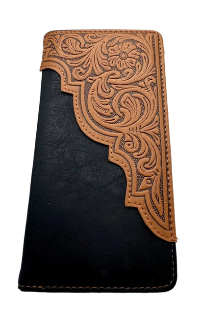 RIDGELINE Embossed Diagonal Long Bifold Wallet in Brown, Tan, and Black – Western Men’s Wallet with Floral Design -black