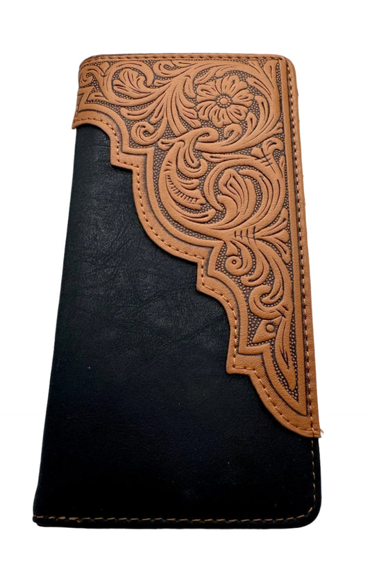 RIDGELINE Embossed Diagonal Long Bifold Wallet in Brown, Tan, and Black – Western Men’s Wallet with Floral Design -black