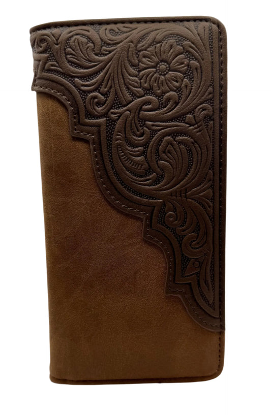 RIDGELINE Embossed Diagonal Long Bifold Wallet in Brown, Tan, and Black – Western Men’s Wallet with Floral Design -brown