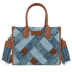 Woven denim crossbody tote with leather trim in blue and tan – front view