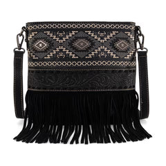 Black western crossbody bag with fringe and tribal embroidery – front view