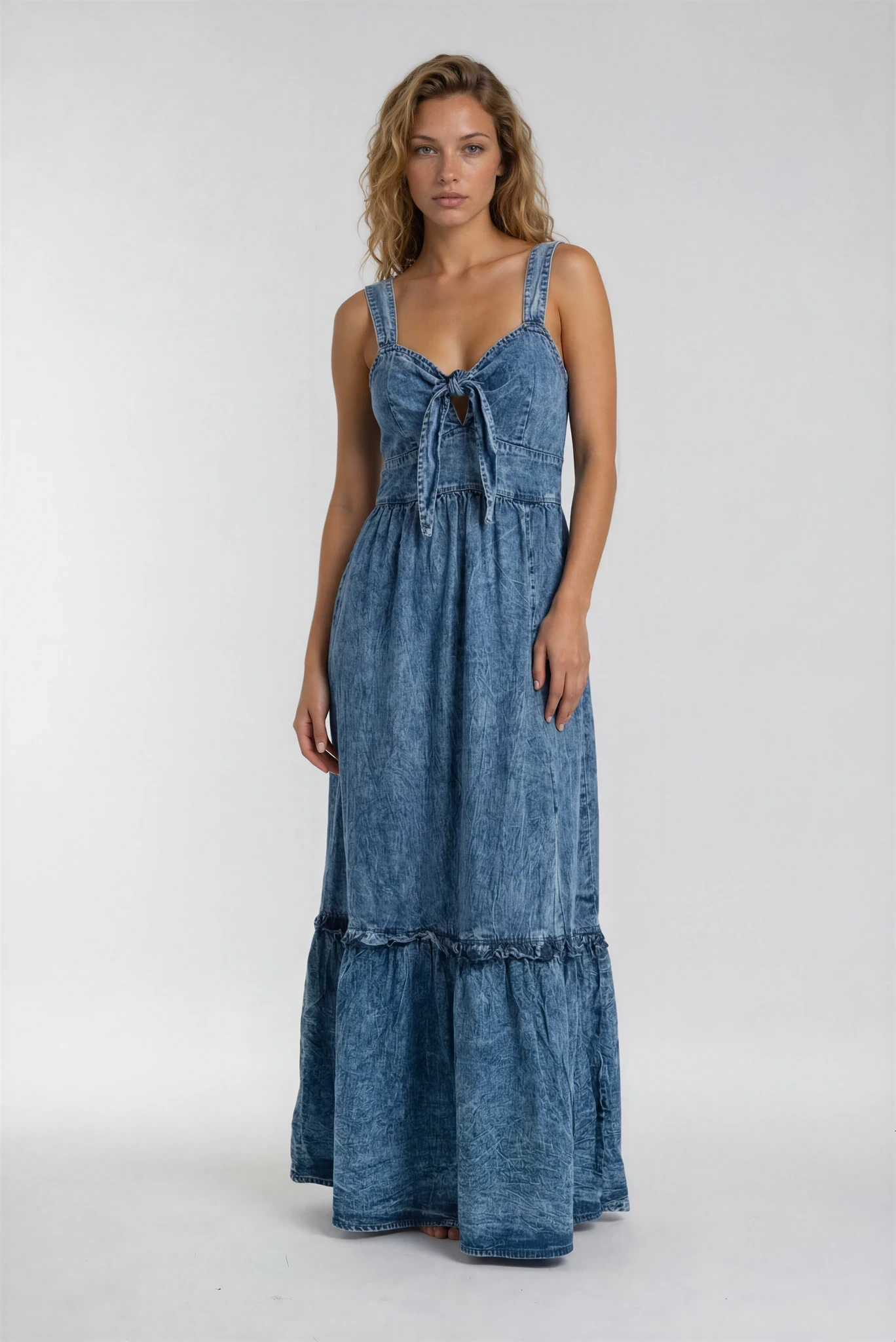 Indigo Ease Tie-Front Midi Maxi Dress in structured denim with open back and side slit