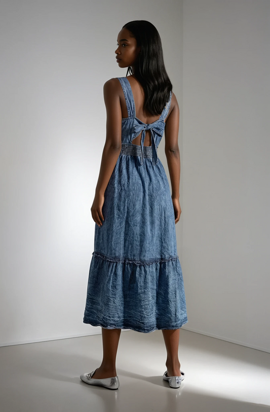 Indigo Ease Tie-Front Midi Maxi Dress in structured denim with open back and side slit
