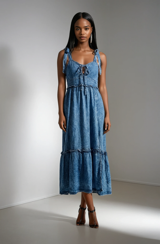 Indigo Ease Tie-Front Midi Maxi Dress in structured denim with open back and side slit