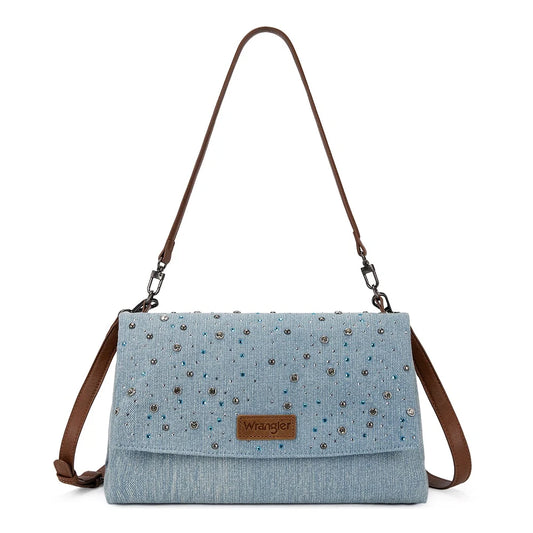 Wrangler Coastal Cowgirl pink and blue rhinestone denim shoulder bag