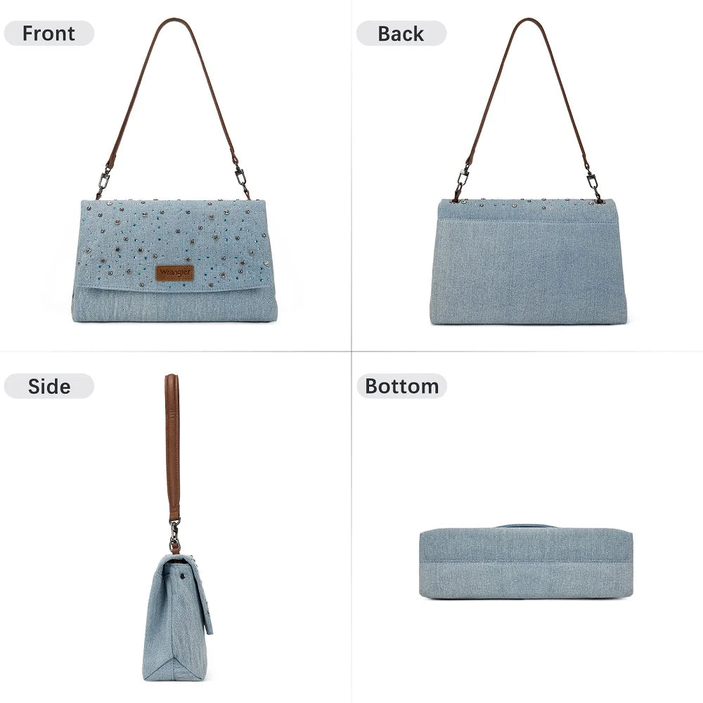 wrangler crossbody purse with front, back side and bottom photos